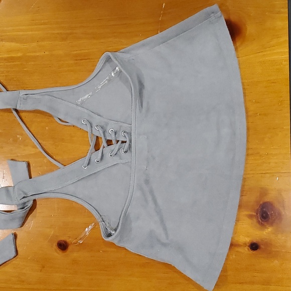 Microsuede Grey Lace up Halter Top - Picture 3 of 6